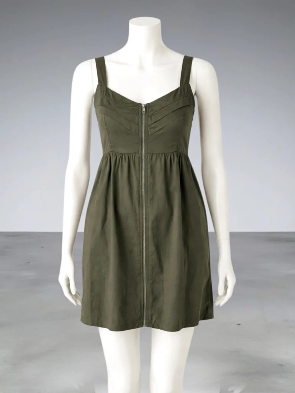 Olive Front-Zip Sleeveless Mini Dress